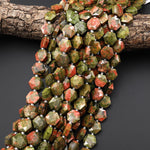 Faceted Natural Unakite Geometric Hexagon Coin 13mm Gemstone 15.5" Strand