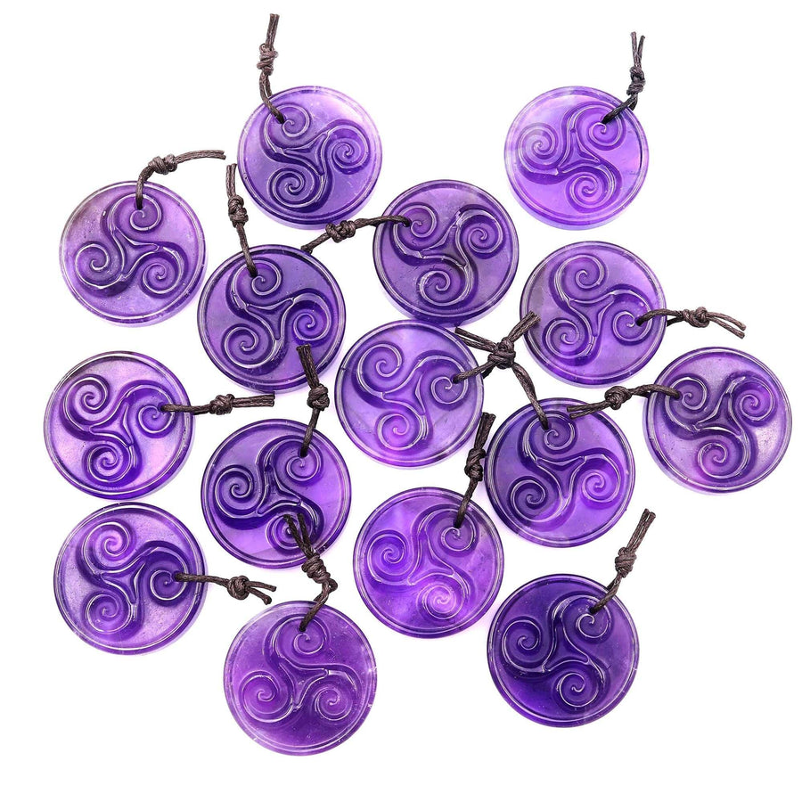 Natural Hand Carved Purple Amethyst Circle Pendant Triskele Triskelion Symbol