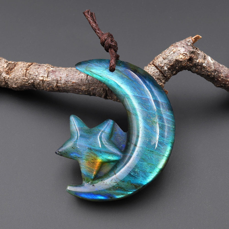 AAA Fiery Hand Carved Natural Labradorite Moon And Star Pendant Gemstone Focal Bead A1