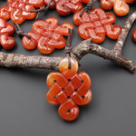 Hand Carved Natural Red Orange Carnelian Infinity Eternal Endless Knot Gemstone Pendant