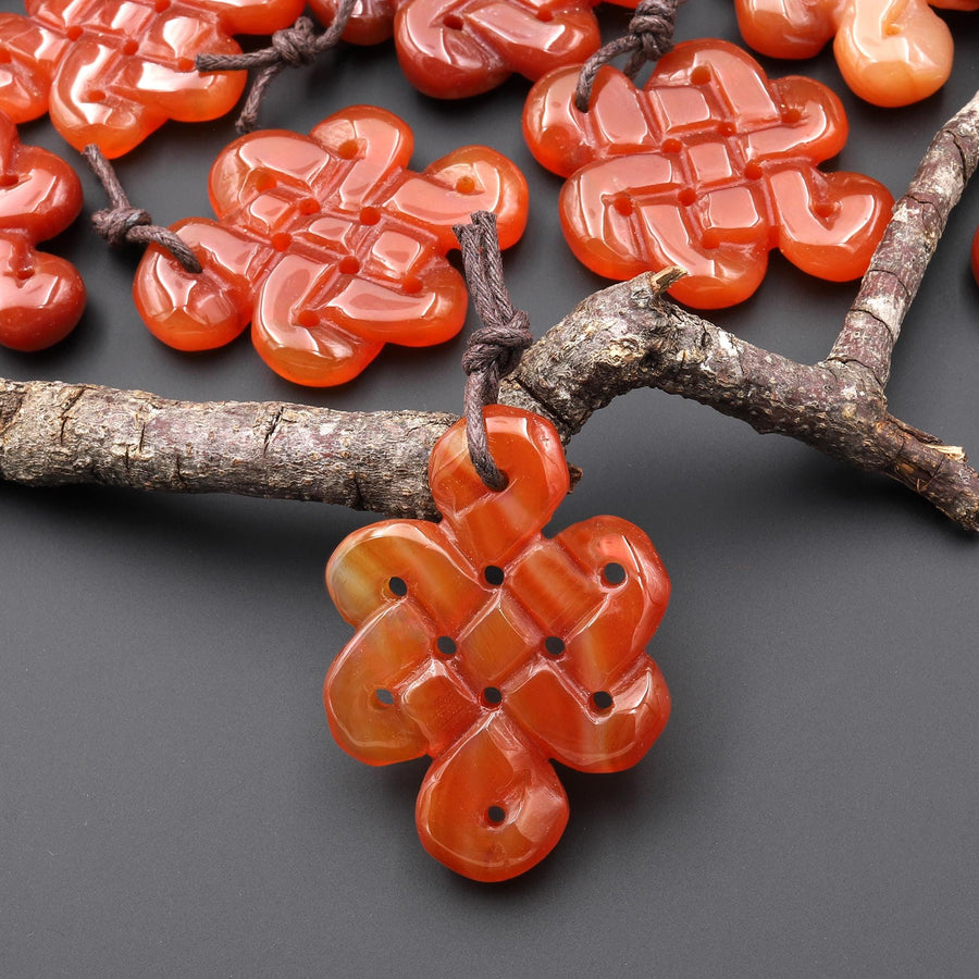 Hand Carved Natural Red Orange Carnelian Infinity Eternal Endless Knot Gemstone Pendant