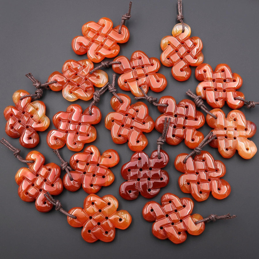 Hand Carved Natural Red Orange Carnelian Infinity Eternal Endless Knot Gemstone Pendant