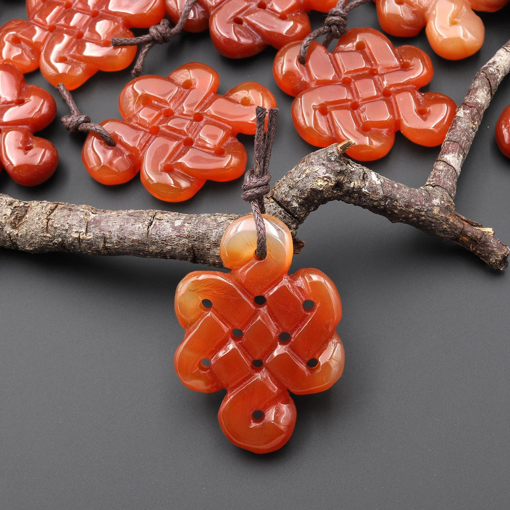 Hand Carved Natural Red Orange Carnelian Infinity Eternal Endless Knot Gemstone Pendant A1