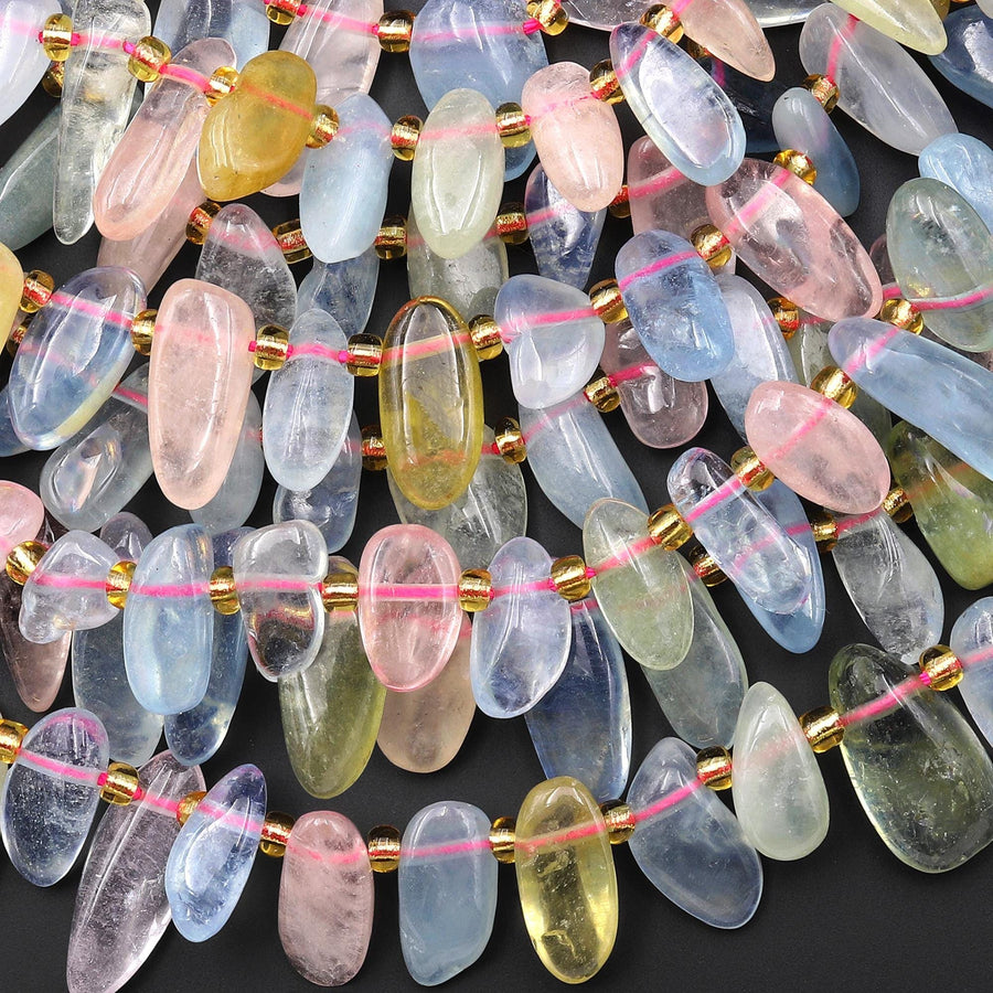 Natural Blue Green Yellow Aquamarine Pink Morganite Freeform Oval Pebble Nugget Beads Side Drilled Gemstone 15.5" Strand