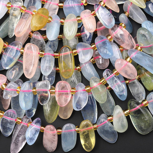 Natural Blue Green Yellow Aquamarine Pink Morganite Freeform Oval Pebble Nugget Beads Side Drilled Gemstone 15.5" Strand
