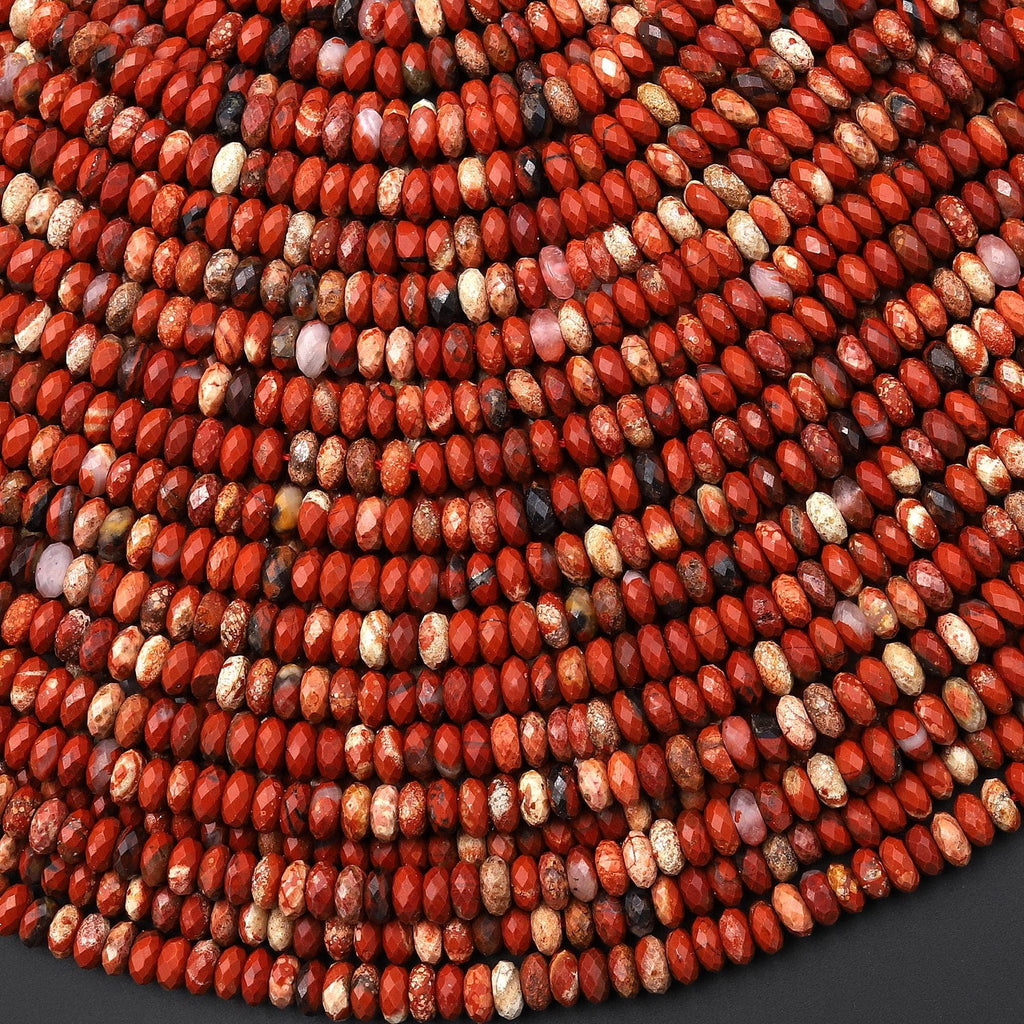 Faceted Natural Brecciated Red Jasper 4mm Thin Rondelle Beads 15.5" Strand