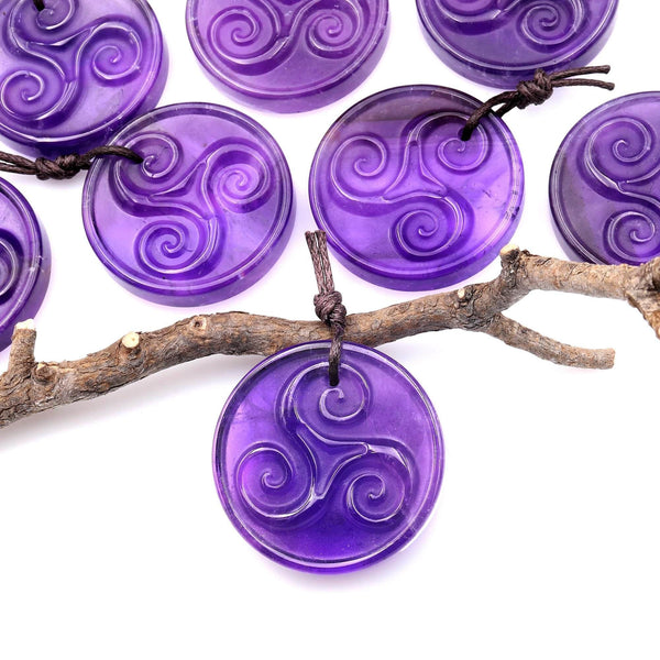 Natural Hand Carved Purple Amethyst Circle Pendant Triskele Triskelion Symbol A1