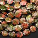 Faceted Natural Unakite Geometric Hexagon Coin 13mm Gemstone 15.5" Strand