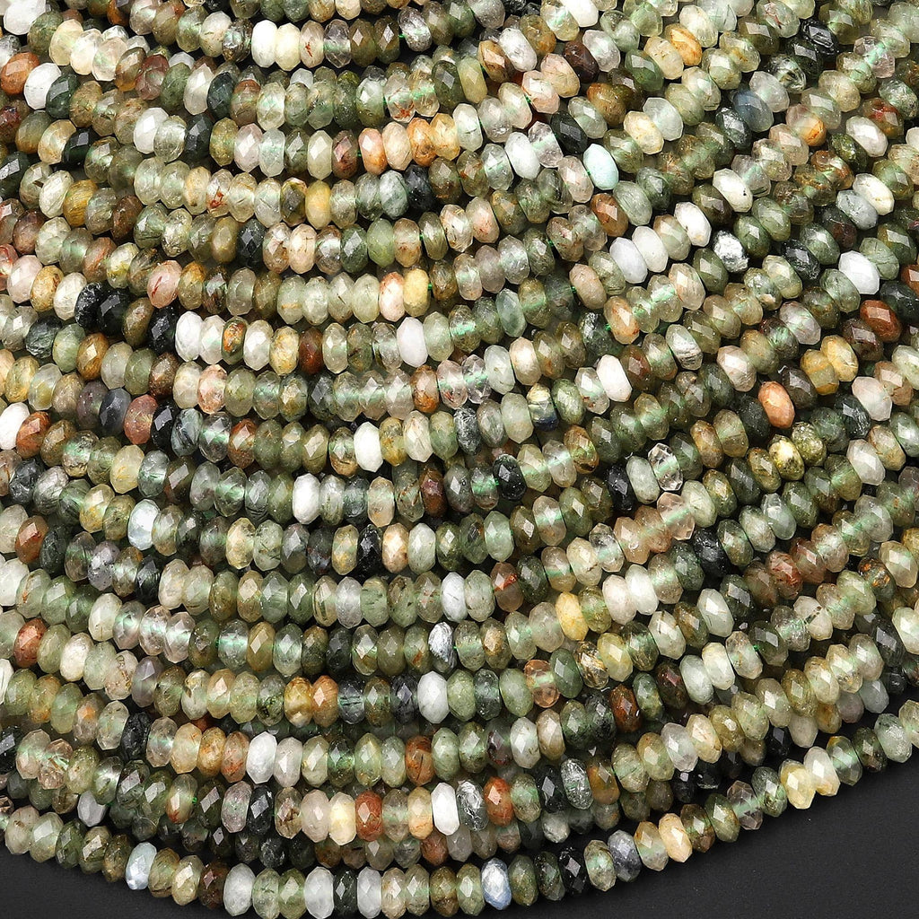 Faceted Natural Green Lodalite Quartz 4mm Thin Rondelle Beads 15.5" Strand