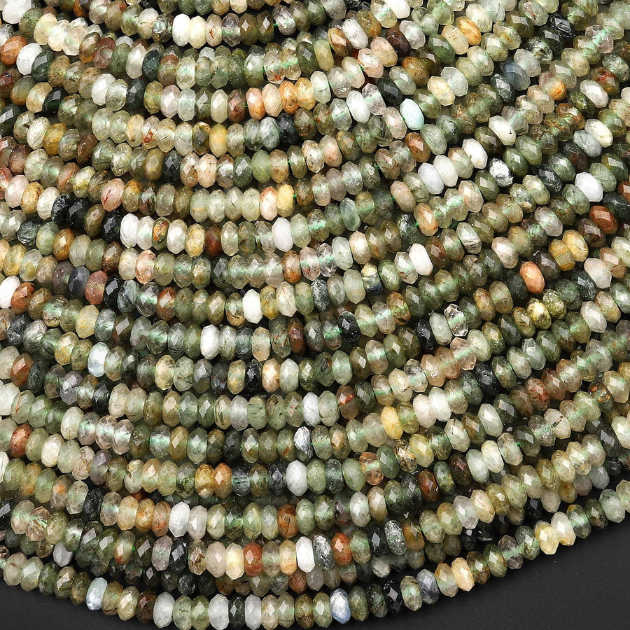 Faceted Natural Green Lodalite Quartz 4mm Thin Rondelle Beads 15.5" Strand