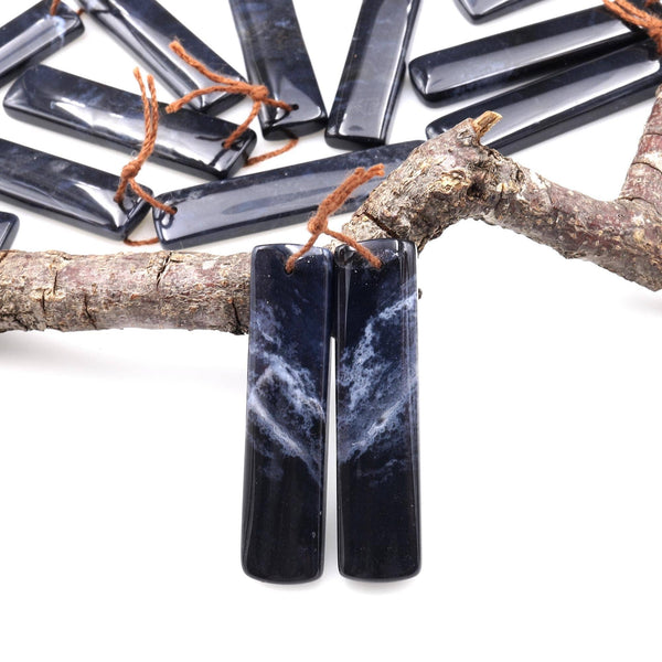 Rare Natural Midnight Dark Blue Onyx Rectangle Earring Pair Drilled Gemstone Matched Beads A2