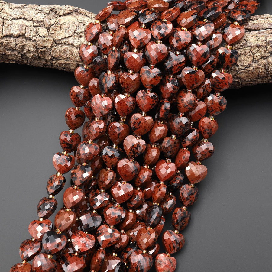 Natural Mahogany Obsidian Faceted Heart Beads 12mm Gemstone 15.5" Strand