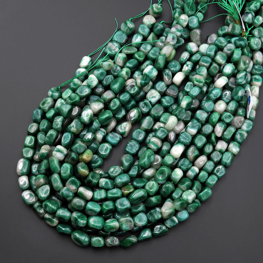 Natural African Green Jade Freeform Pebble Nugget Beads 15.5" Strand