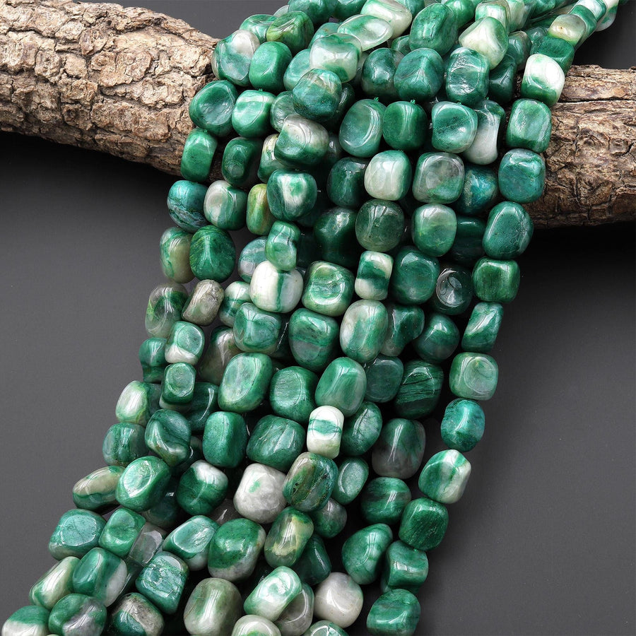 Natural African Green Jade Freeform Pebble Nugget Beads 15.5" Strand