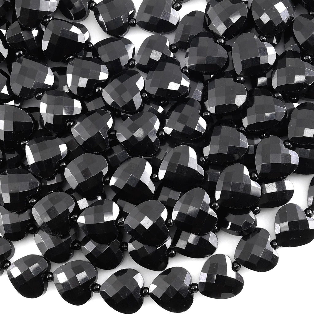 Faceted Natural Black Onyx Faceted Heart Beads 12mm Gemstone 15.5" Strand
