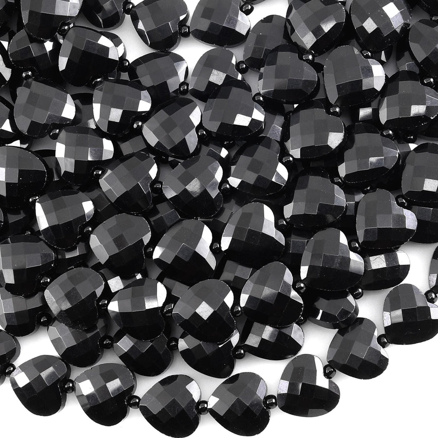 Faceted Natural Black Onyx Faceted Heart Beads 12mm Gemstone 15.5" Strand