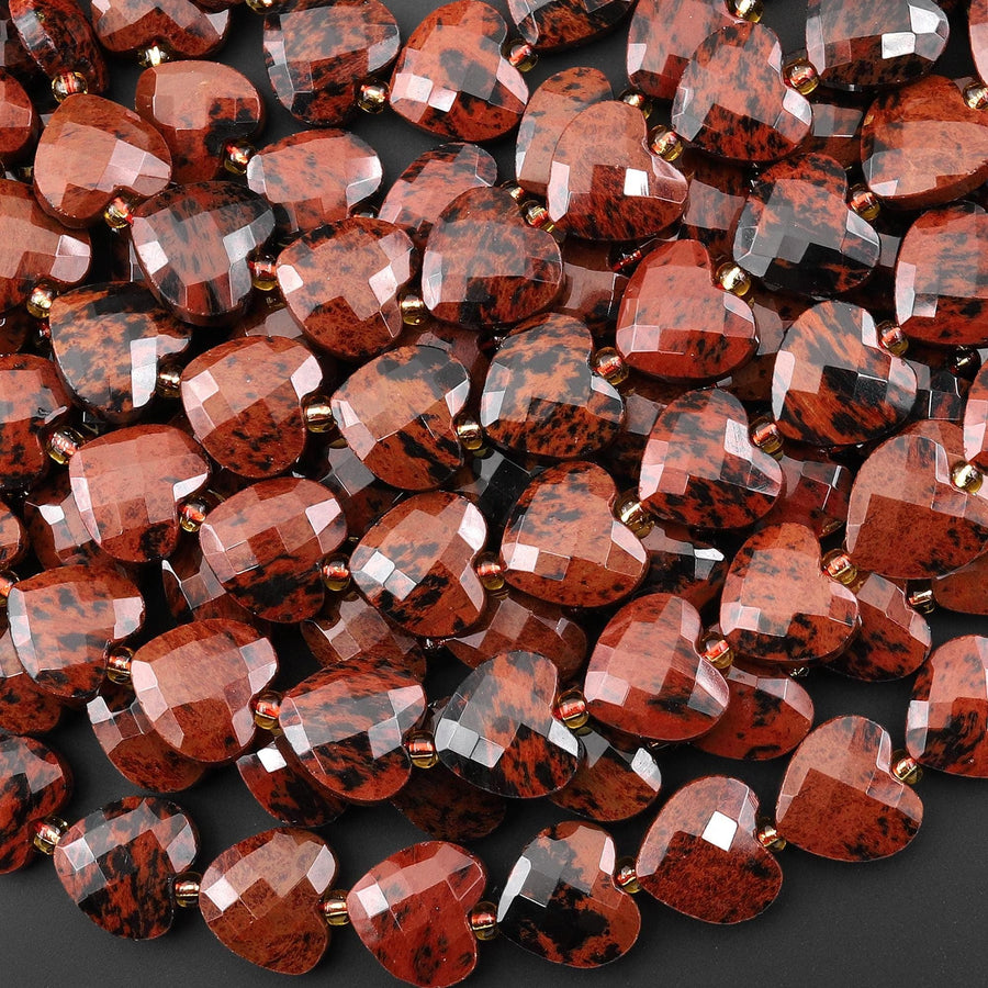 Natural Mahogany Obsidian Faceted Heart Beads 12mm Gemstone 15.5" Strand