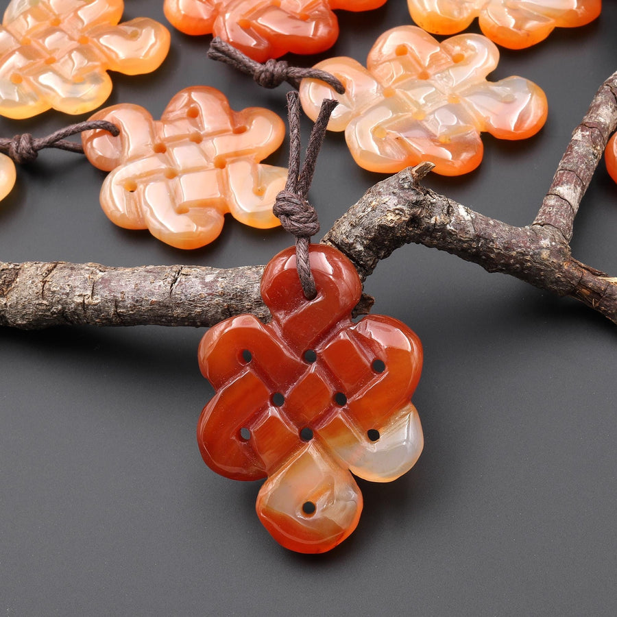Hand Carved Natural Two Tone Creamy Red Orange Carnelian Infinity Eternal Endless Knot Gemstone Pendant A3