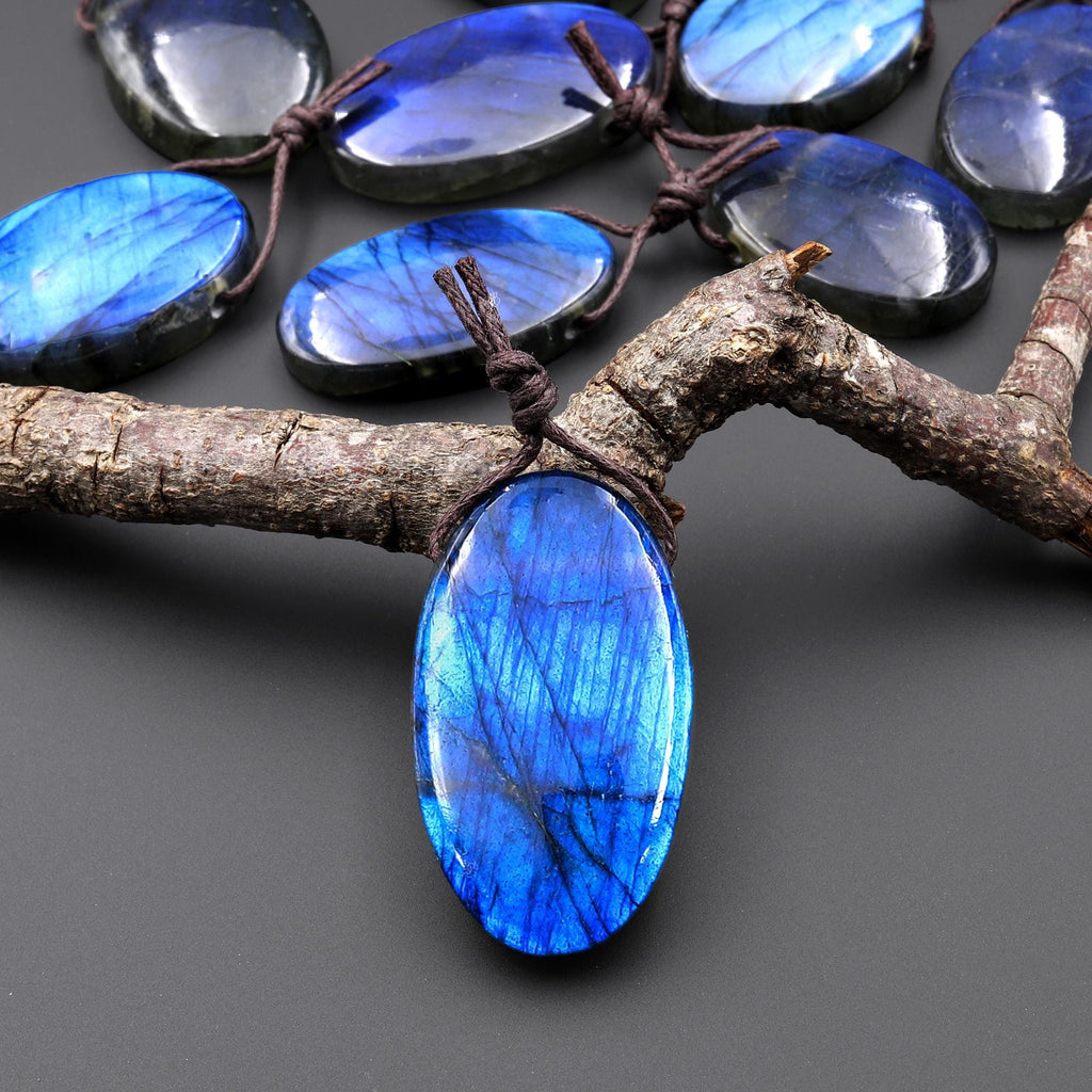 AAA Natural Blue Labradorite Long Oval Side Drilled Pendant A2