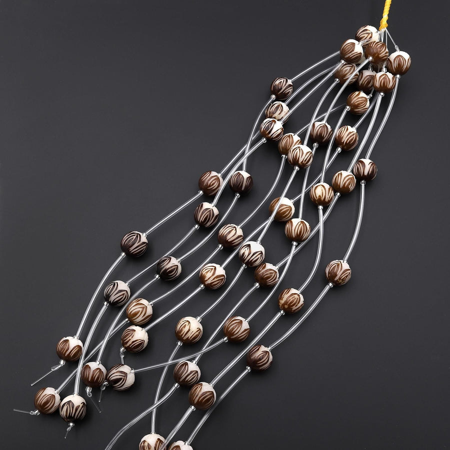 Natural Bodhi Root Palm Seed Prayer 14mm Beads Hand Carved Lotus Flower Meditation Mala Making Strand