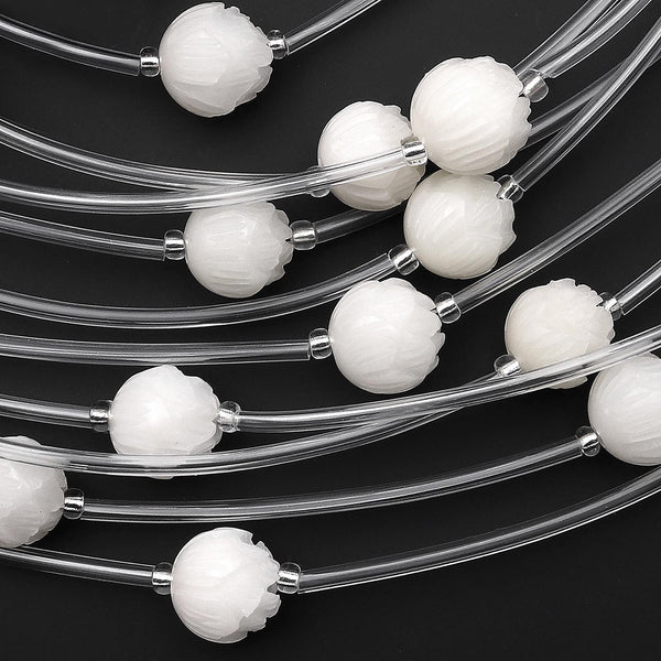 Natural White Bodhi Root Palm Seed Prayer 10mm 12mm Beads Hand Carved Lotus Flower Meditation Mala Making Strand