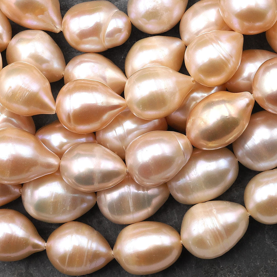 Genuine Natural Peach Apricot Smooth Teardrop Freshwater 12mm 14mm Pearl Shimmery Iridescent Classic Pearl 15.5" Strand