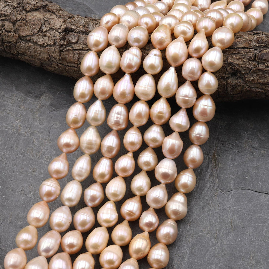 Genuine Natural Peach Apricot Smooth Teardrop Freshwater 12mm 14mm Pearl Shimmery Iridescent Classic Pearl 15.5" Strand