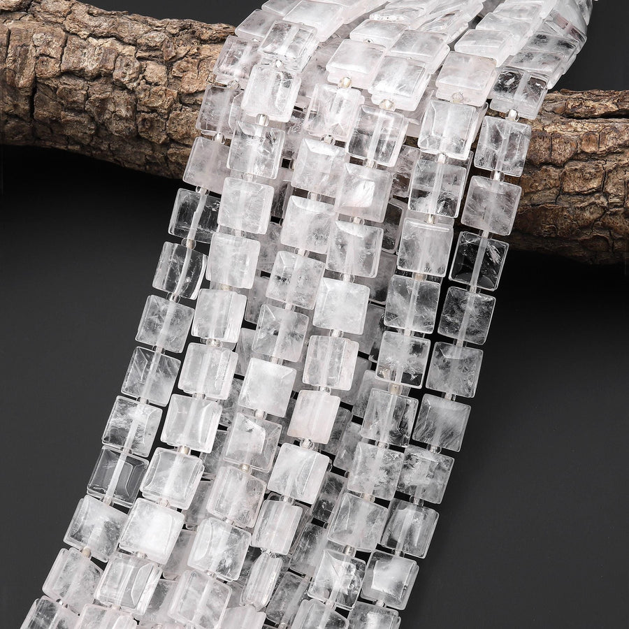 Natural Rock Crystal Quartz Square Cushion Beads w/ Grooved Line Around 15.5" Strand