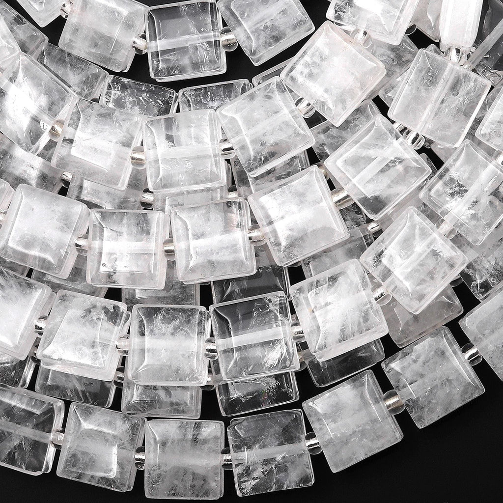 Natural Rock Crystal Quartz Square Cushion Beads w/ Grooved Line Around 15.5" Strand