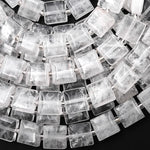 Natural Rock Crystal Quartz Square Cushion Beads w/ Grooved Line Around 15.5" Strand