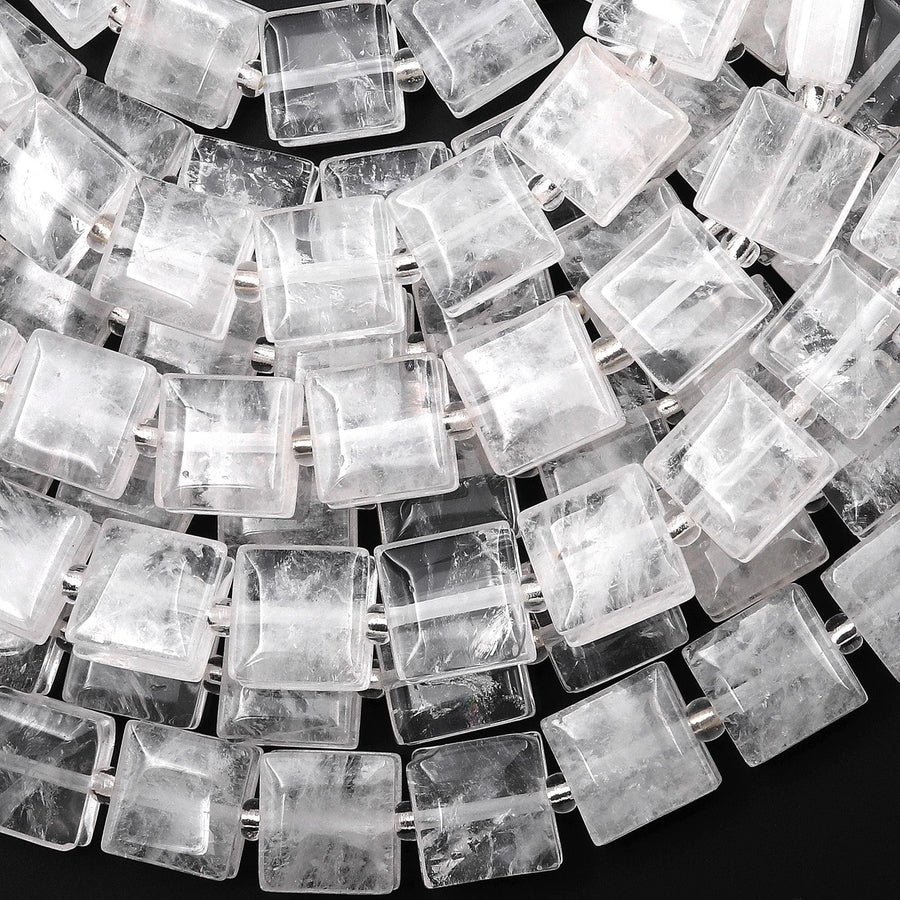 Natural Rock Crystal Quartz Square Cushion Beads w/ Grooved Line Around 15.5" Strand