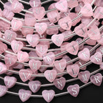 AAA Laser Engraved Natural Pink Rose Quartz Heart Beads 8mm Top Side Drilled 26 Alphabet Letters Strand