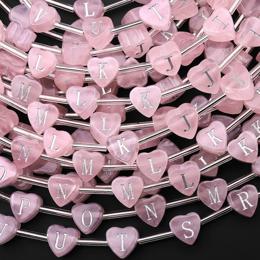 AAA Laser Engraved Natural Pink Rose Quartz Heart Beads 8mm Top Side Drilled 26 Alphabet Letters Strand
