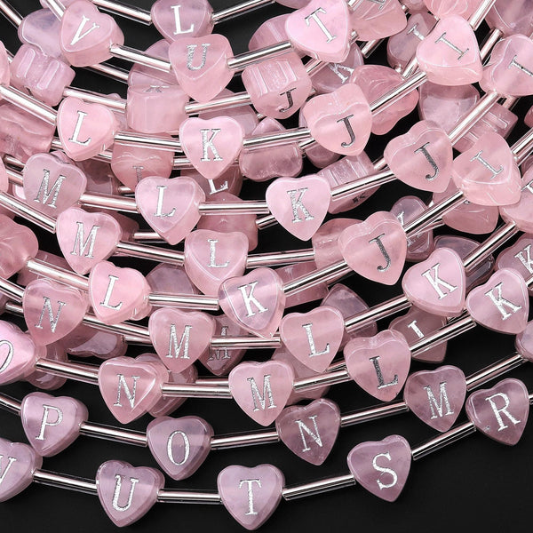 AAA Laser Engraved Natural Pink Rose Quartz Heart Beads 8mm Top Side Drilled 26 Alphabet Letters Strand