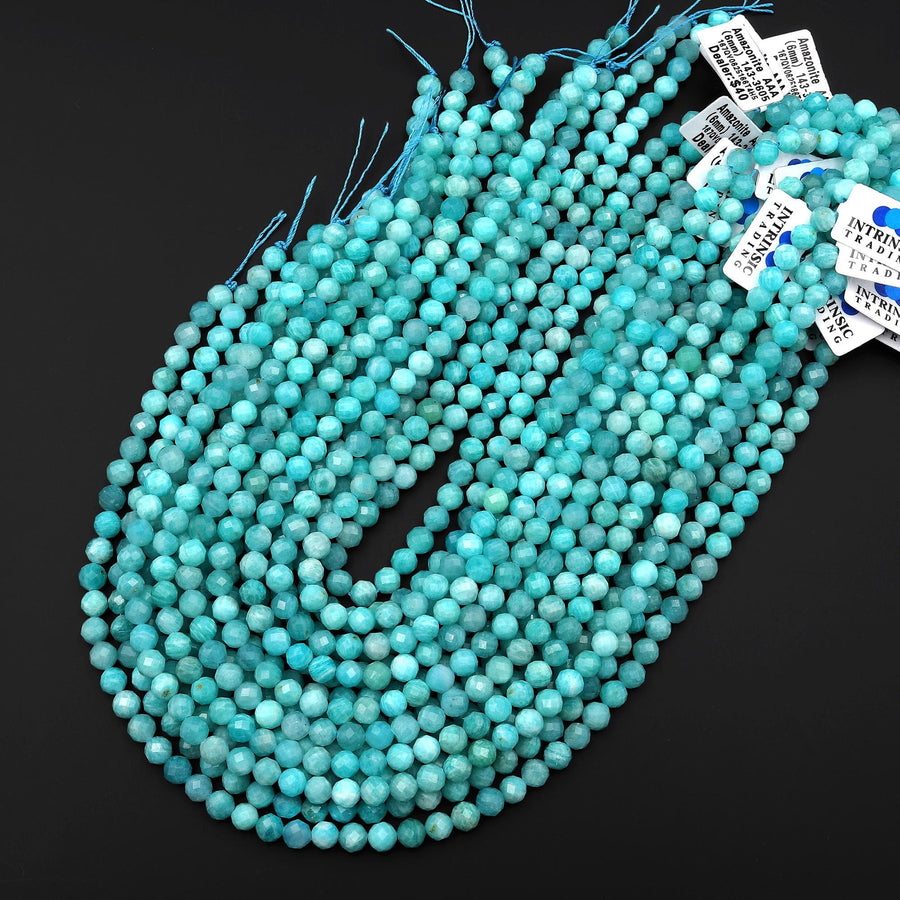 AAA Faceted Natural Blue Peruvian Amazonite 6mm Round Beads 15.5" Strand