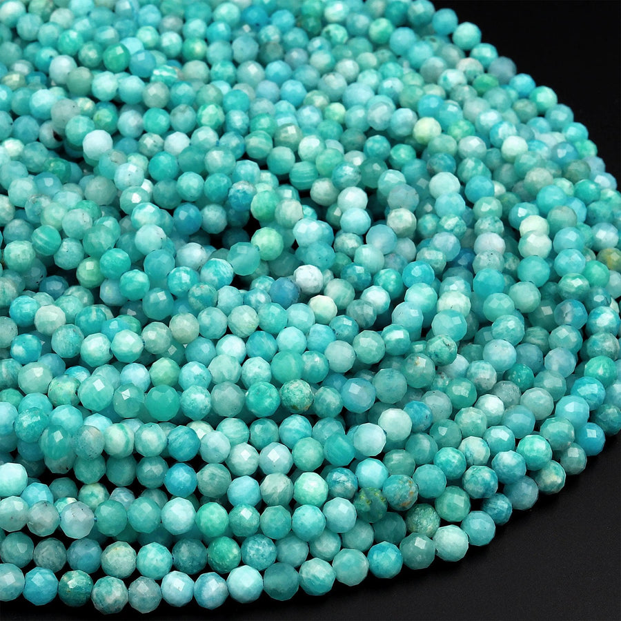 Natural Russian Amazonite Faceted 3mm 4mm 6mm 8mm Round Beads Stunning Natural Sea Blue Green Micro Laser Diamond Cut Gemstone 15.5" Strand