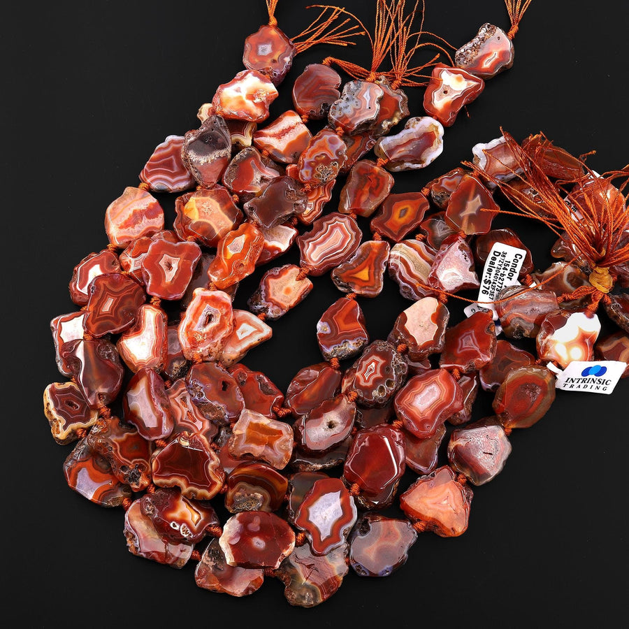 Rare Natural Red Condor Agate Beads Smooth Flat Freeform Geode Slice 15.5" Strand