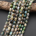 Tibetan Agate Drum Barrel Beads Dzi Green Brown Etched Spider Antique Boho 15.5" Strand