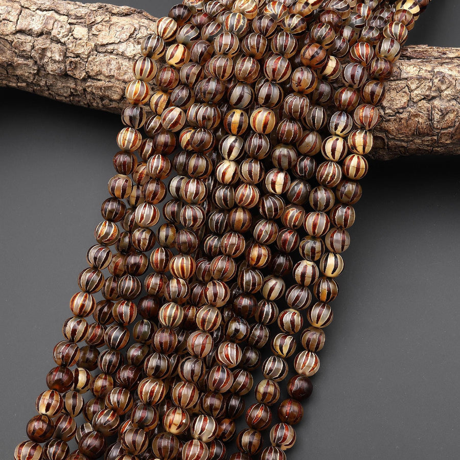 Tibetan Agate 8mm Round Beads Brown Dzi Agate Melon Pumpkin Mala Antique Boho Beads 15.5" Strand