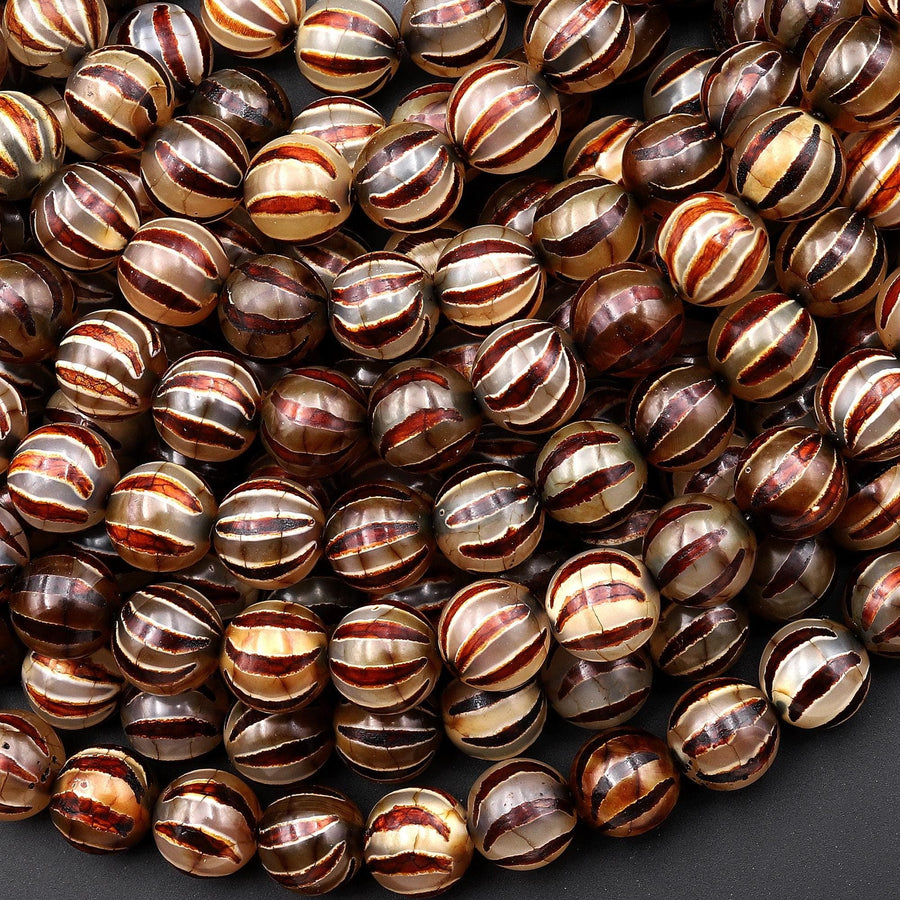 Tibetan Agate 8mm Round Beads Brown Dzi Agate Melon Pumpkin Mala Antique Boho Beads 15.5" Strand