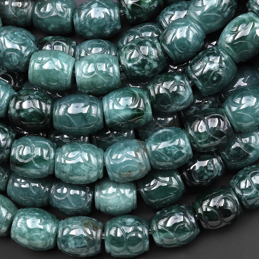 Rare AAA Hand Carved Natural Guatemalan Blue Green Jade Drum Barrel Beads 7.5" Strand