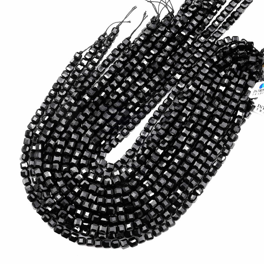 Faceted Natural Black Onyx 6mm Cube Beads 15.5" Strand