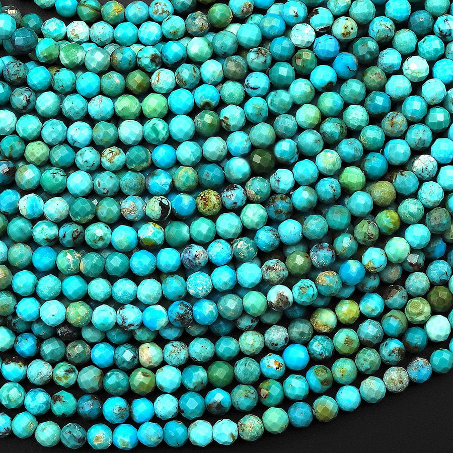Genuine Natural Turquoise 3mm 4mm Faceted Round Beads Vibrant Blue Green Gemstone Micro Diamond Cut 15.5" Strand