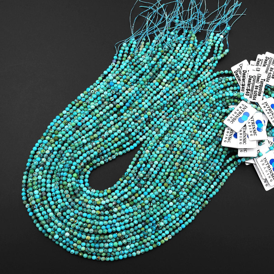 Genuine Natural Turquoise 3mm 4mm Faceted Round Beads Vibrant Blue Green Gemstone Micro Diamond Cut 15.5" Strand