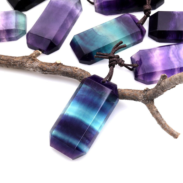 AAA Natural Rainbow Fluorite Faceted Rectangle Tile Pendant Side Drilled Gemstone
