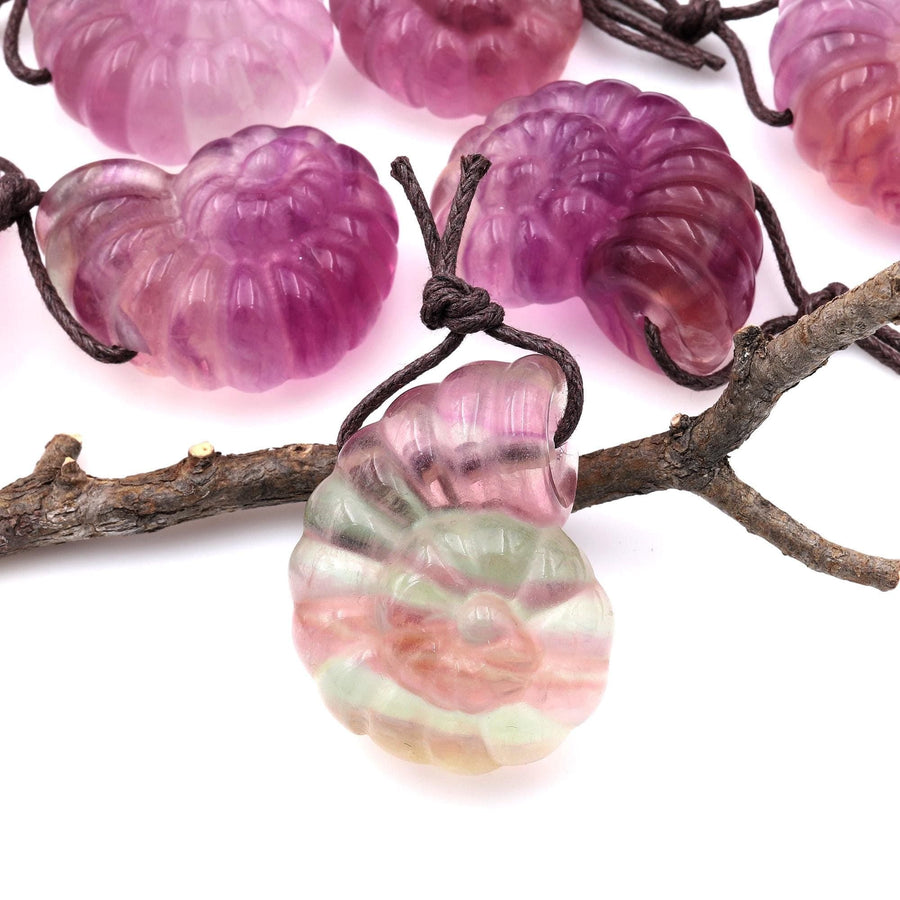 AAA Hand Carved Natural Candy Fluorite Mauve Pink Ammonite Pendant