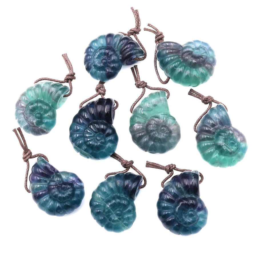 AAA Hand Carved Natural Candy Fluorite Deep Blue Green Purple Ammonite Pendant