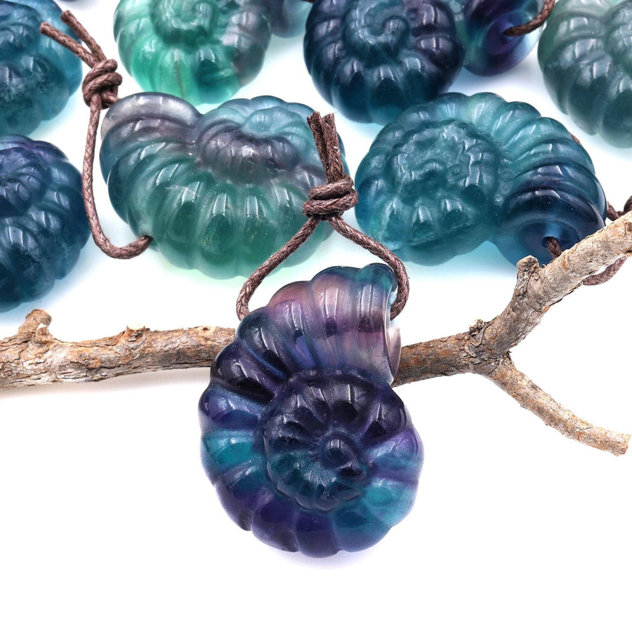 AAA Hand Carved Natural Candy Fluorite Deep Blue Green Purple Ammonite Pendant