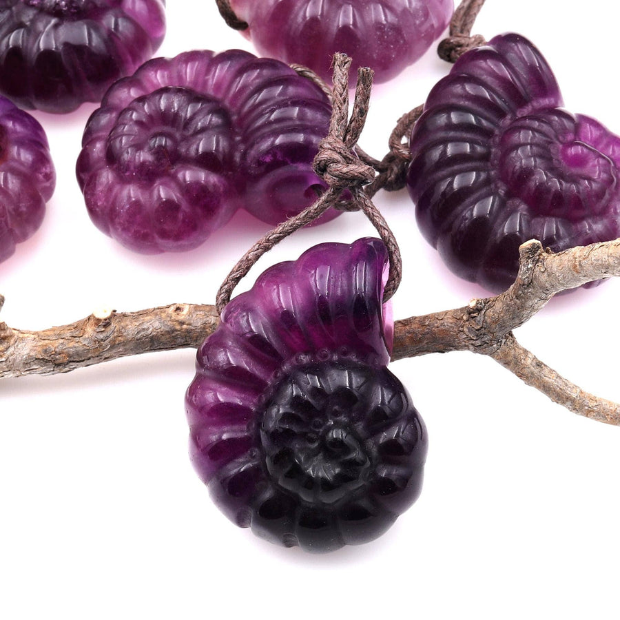 AAA Hand Carved Natural Candy Fluorite Dark Mauve Pink Ammonite Pendant