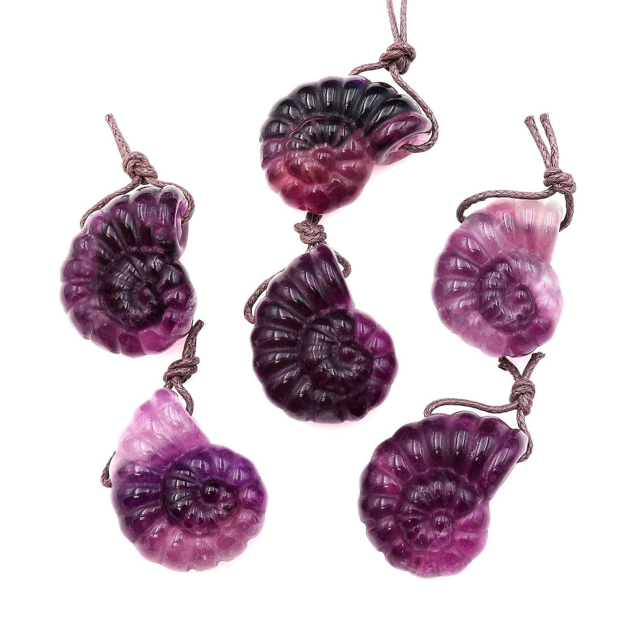 AAA Hand Carved Natural Candy Fluorite Dark Mauve Pink Ammonite Pendant
